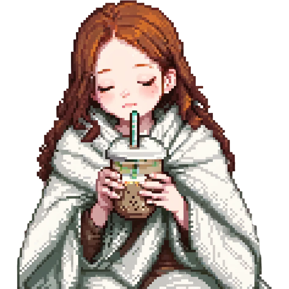 dark ginger haired girl with pale skin, wrapped in a blanket, sipping boba, eyes closed emoji