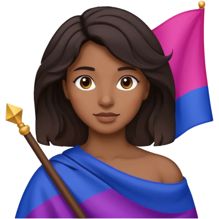 eu com a bandeira bissexual, sou morena, com cabelos negros que vão até a altura dos ombros levemente ondulados, olhos castanhos, emoji