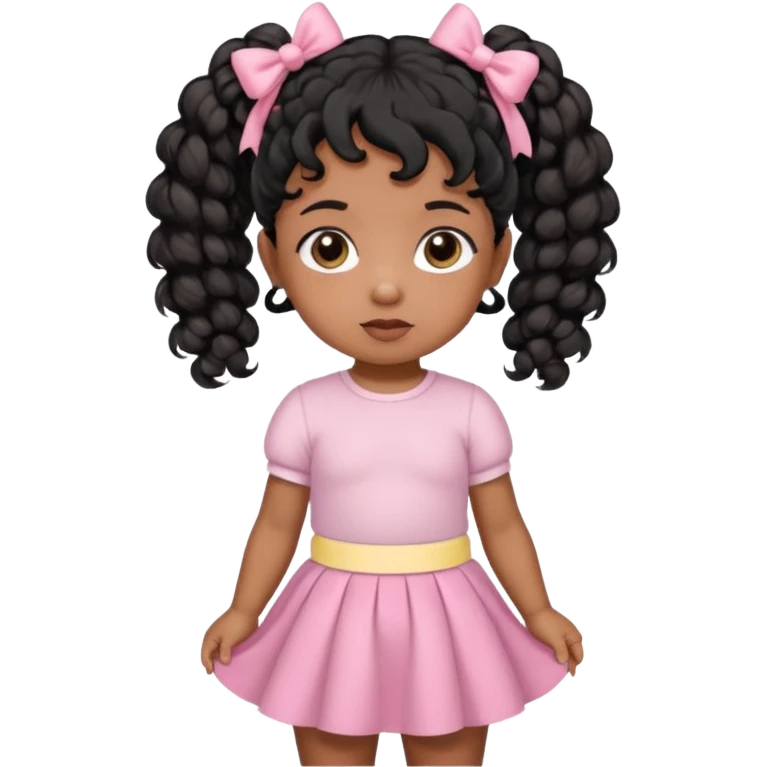 a brown skin baby with curly hair and a baby pink skirt and baby pink bows with her hair in pigtails and black hair emoji