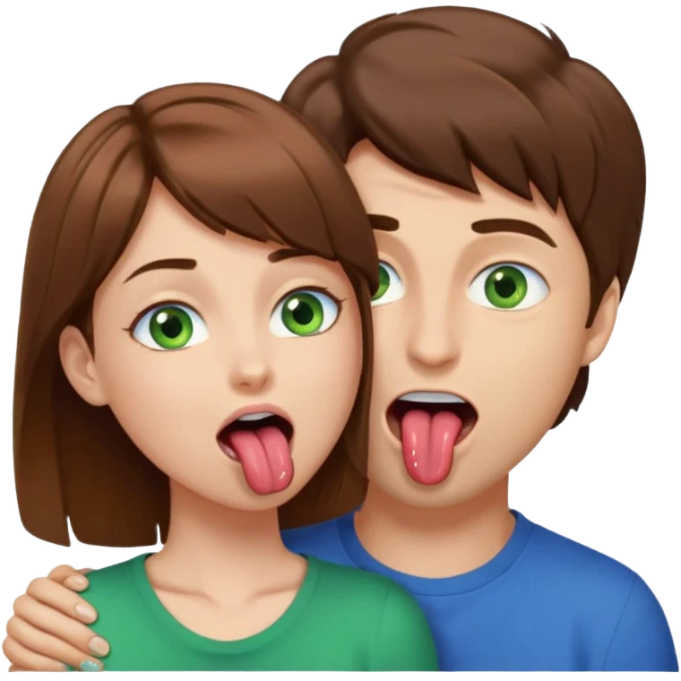 Brown hair, blue eyed male is facing down as he spits in the mouth of brown hair, green eyed female whose on her back, facing up, while she has her tongue out and looks happy. emoji