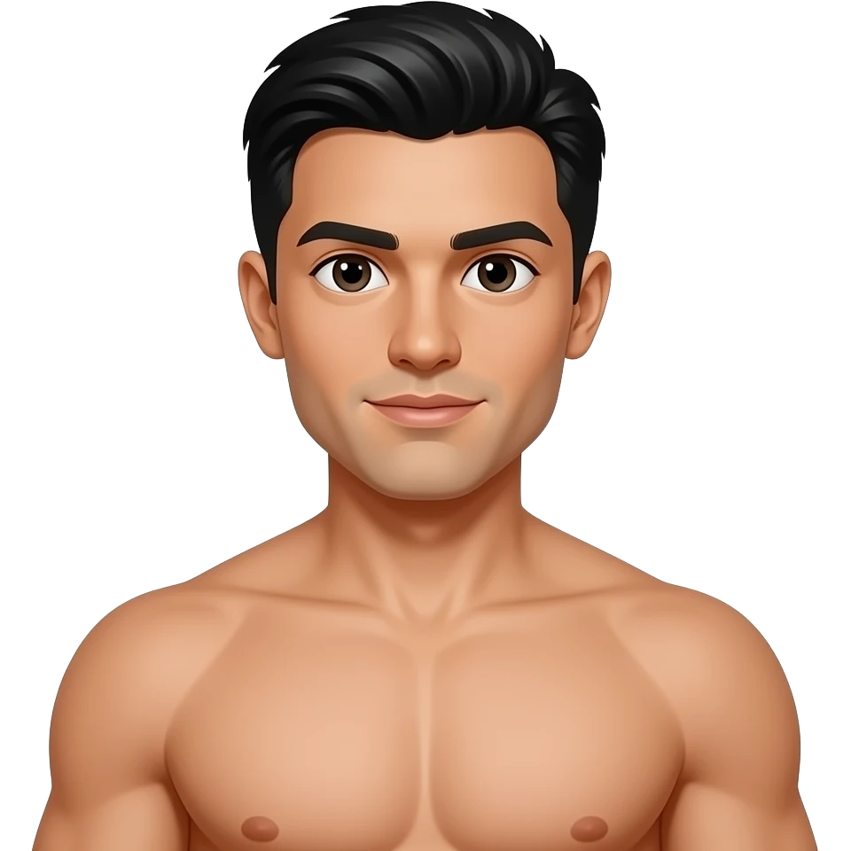Shirtless muscular tan guy with middle part black hair emoji
