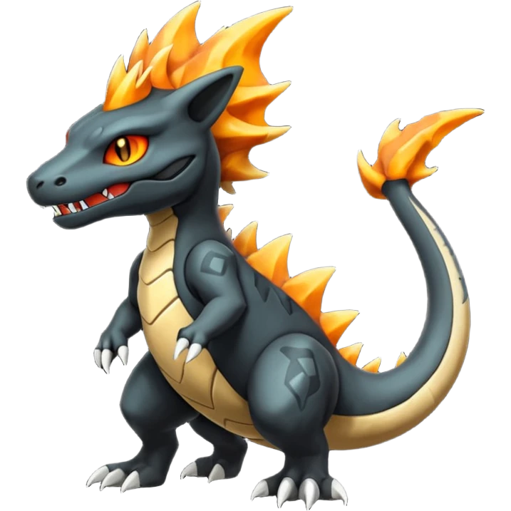 Magmatic fiery badass cool obsidian-Black and golden-orange Helioptile-Marowak-Salamence-Fakémon-hybrid-creature (full body)  emoji