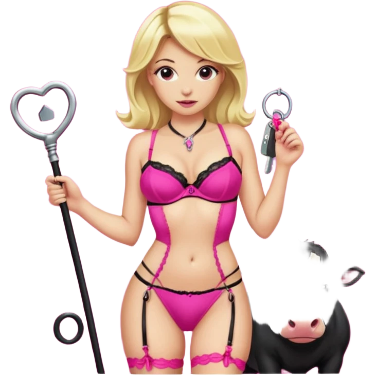 Dominatrix with blonde hair in hot pink lingerie with stockings, holding a black bull whip and a house key emoji