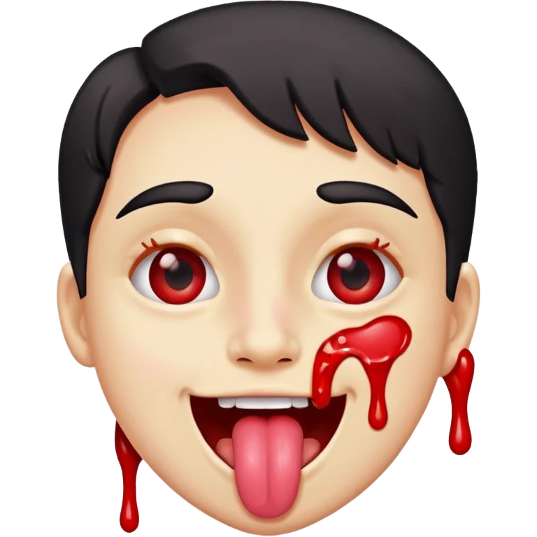 Spilt glue on their face but is happy and smiling with their tongue out but their eyes are red emoji
