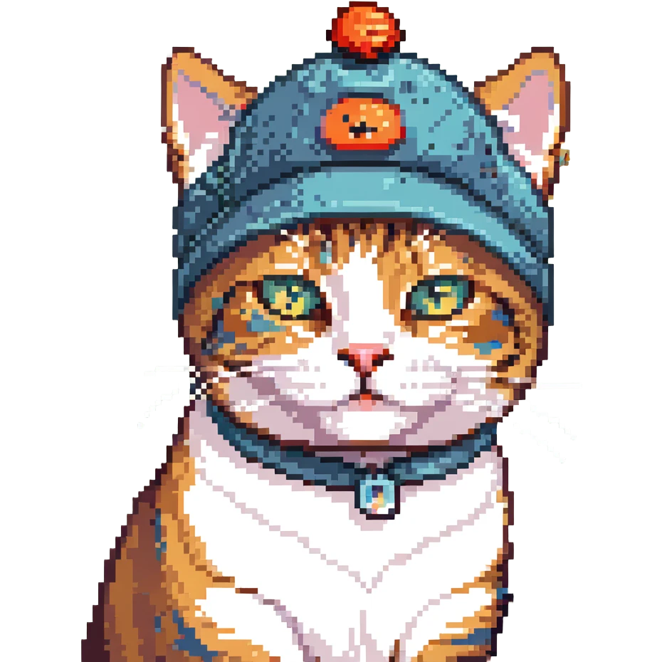 A cat wearing a hat with a very funny face emoji