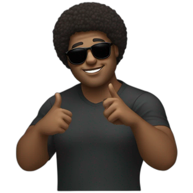 A black man with a chubby oval face, a light beard and short afro hair. And sunglasses. He's making the 🖖 sign emoji