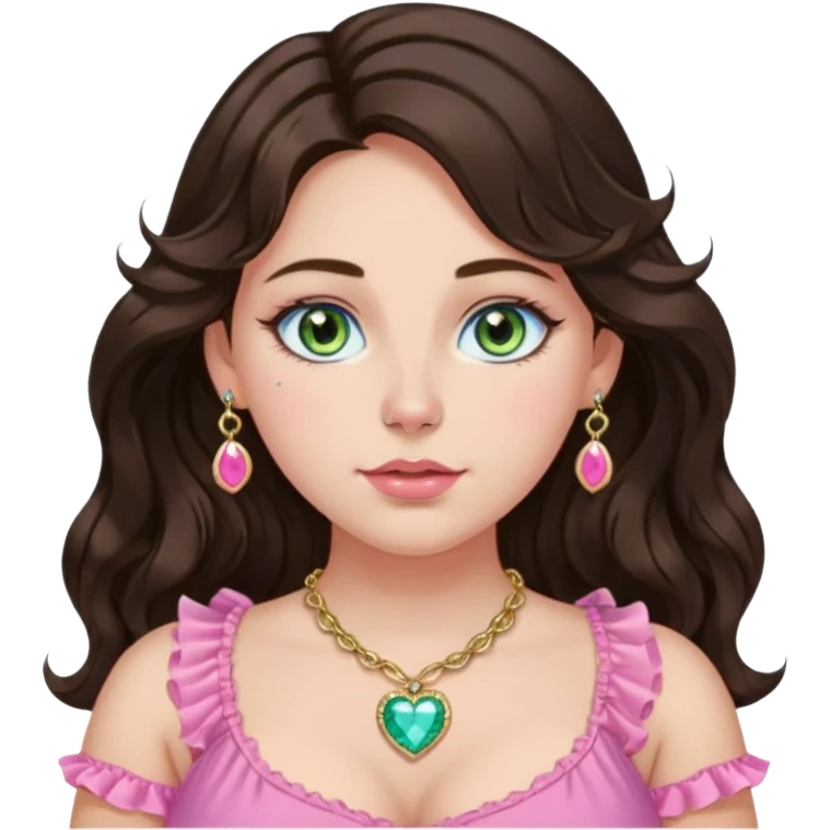 Girl girl with long wavy dark brown hair with middle part, centralized heterochromia blue green gold eyes, plus size, pink frilly top, right nostril gold nose ring, small pink heart crystal necklace  emoji
