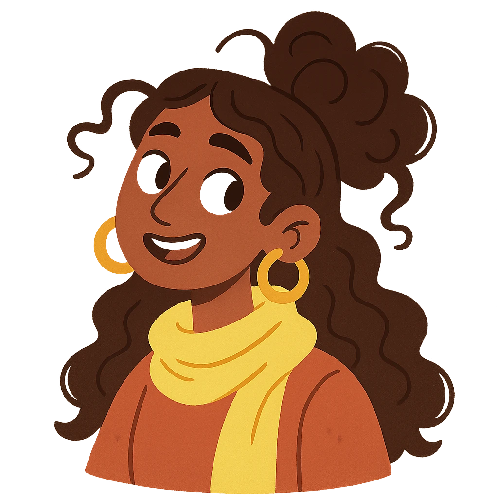 bohemian girl with brown skin, long curly brown hair up, lemon yellow scarf, round earrings emoji