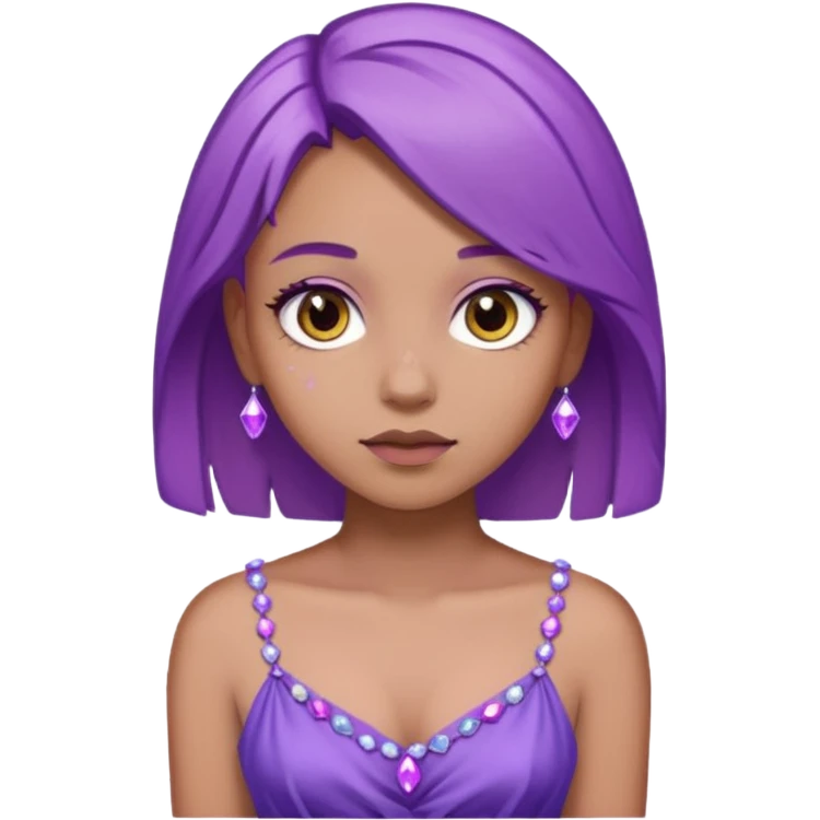 یک دختر با موی لایت بنفش قهوه‌ای با پیراهن بنفش با سنگ های یاسی که روی روی لباسش کار شده باشه میخوام emoji