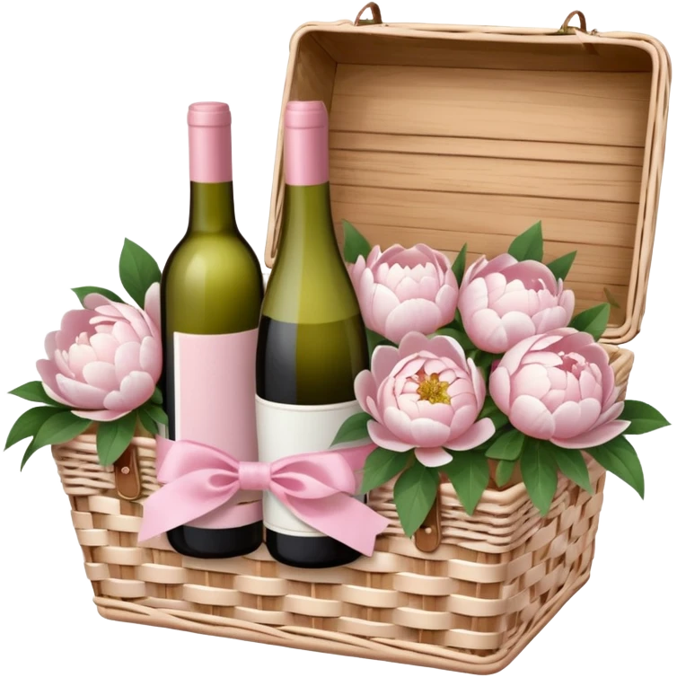 White Picnic basket with light pink bow and white peonies inside and a pink wine bottle emoji