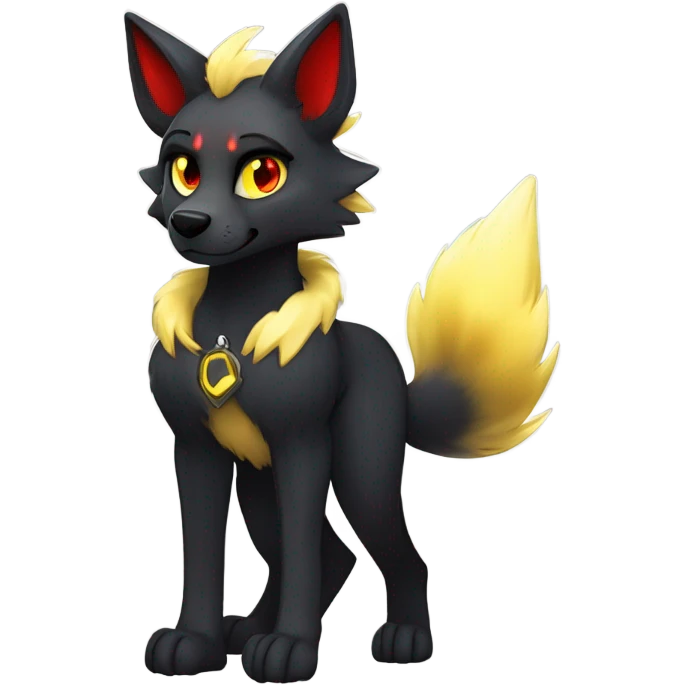 black Shiny Fionbri-Falvie-sparkle-wolf-sona with yellow eyes, red edgy markings full body fursona emoji