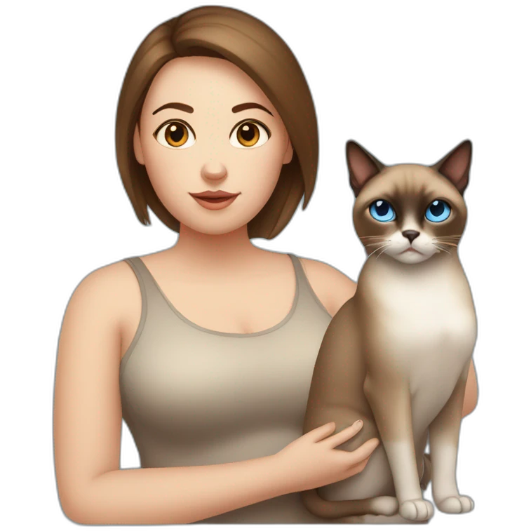 Blue-eyed fat girl with brown hair with siamese cat and miniature pincher emoji