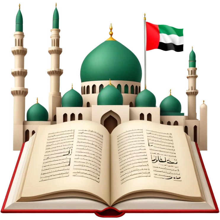 An icon featuring the mosque and the big flag of United Arab Emirates, symbolizing the Arabic language. The design includes an open book with Arabic script and calligraphy, representing language learning and cultural heritage. Transparent background emoji
