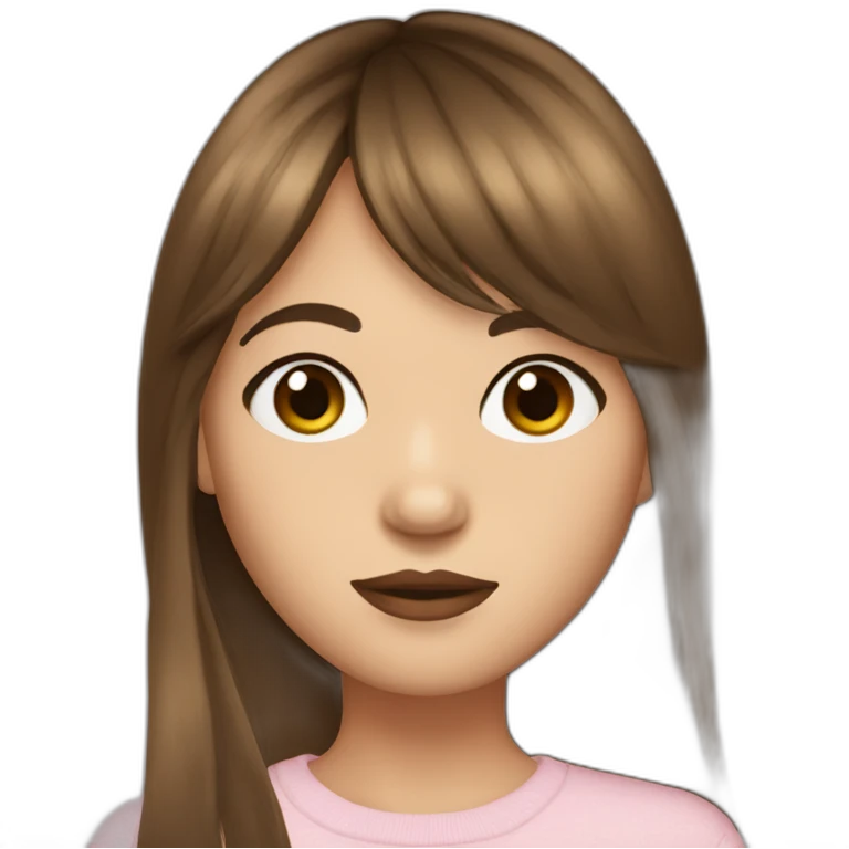 long brown hair skinny girl with curtain bangs, thin face and makeup from head to chest emoji