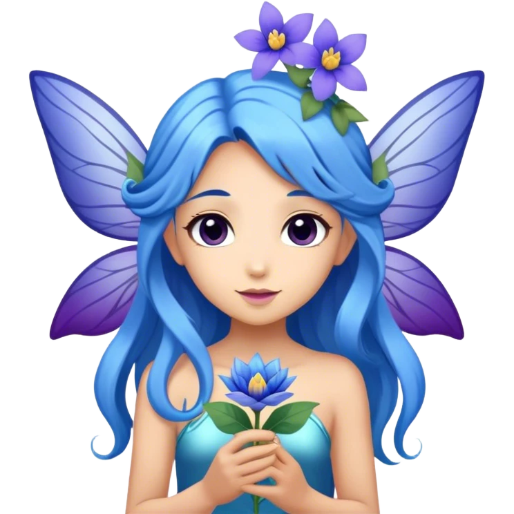 flower fairy, long blue hair, tan skin,  Beautiful, blue flower, fairy, blue, silver, purple, long hair, big wings emoji