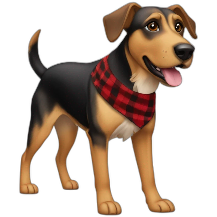 adult 75% Coonhound 25% German Shepherd mix dog with visible tail wearing small pointed red buffalo plaid bandana full body walking left quickly emoji