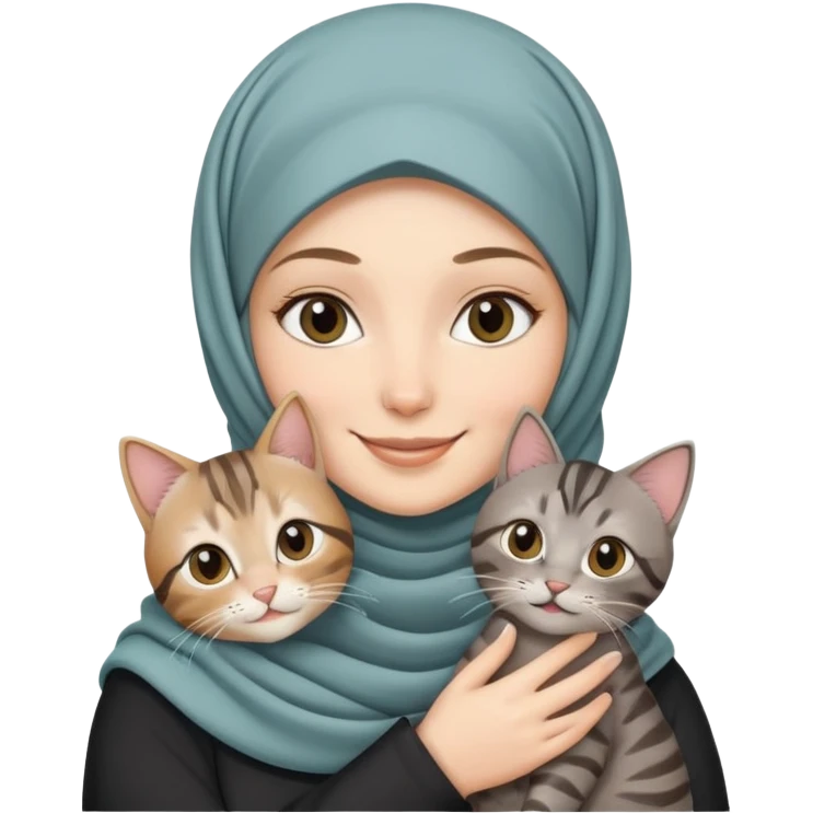 White girl wearing hijab holding a black grey tabby cat while smiling emoji