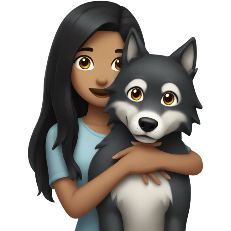 Girl with black hair hugging a wolf emoji