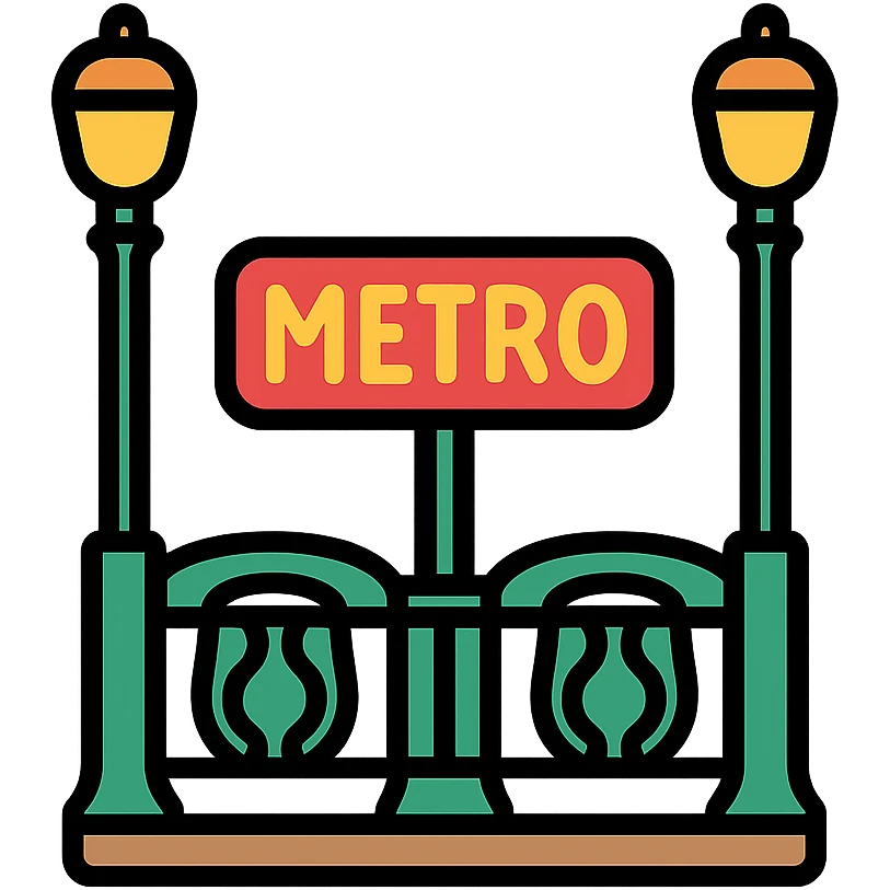 Parisian metro entrance showing the iconic lamp posts and decorative railings in color outline icon style emoji