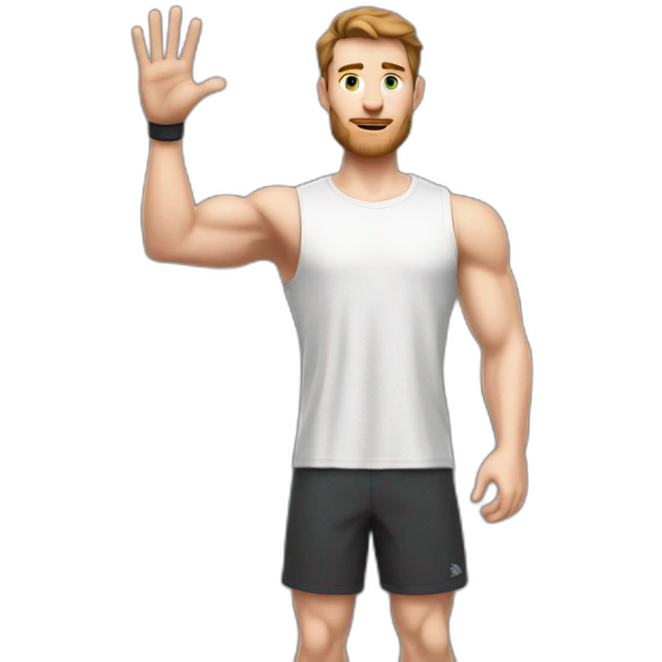 Close up Actively gesturing  with hands Pale skinned Fit Man With the biceps and brown hair in dark gray Sleeveless Mike, black oversize sports shorts, watch and white Sneakers emoji
