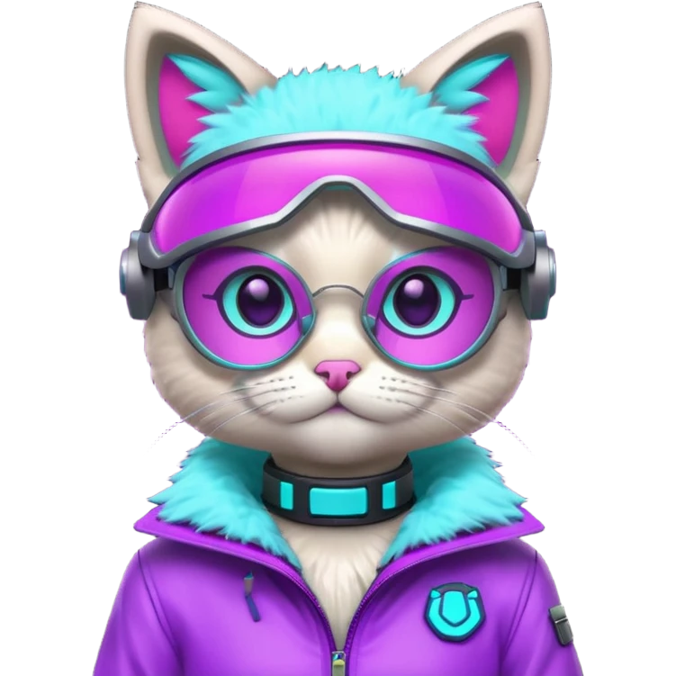 cute cyberpunk cat, neon visor glasses, tech jacket, glowing collar, purple and cyan neon accents, 3D cartoon, mobile game icon style, clean background, no text, no watermark
 emoji