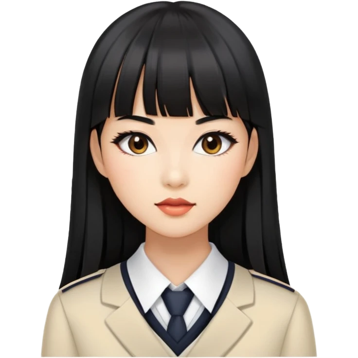 fashionable woman with Asian skin tone, long straight black hair with straight bangs, school uniform, and stylish makeup emoji