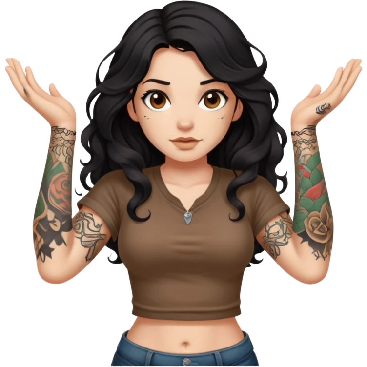 A girl with fair skin and a little fat - long black hair with big waves - tattoos on her arms - wearing a brown navel-revealing short-sleeved shirt emoji