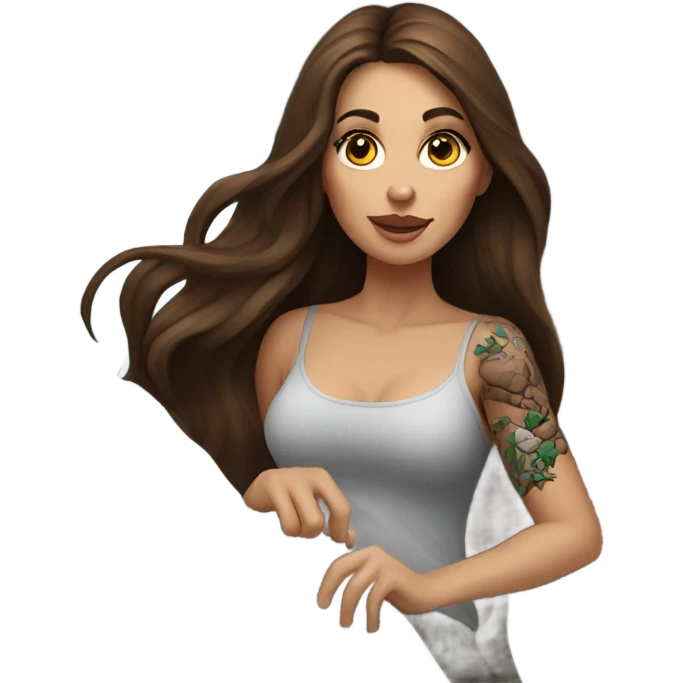 Beautiful tattooed woman long brown hair climbing rocks emoji