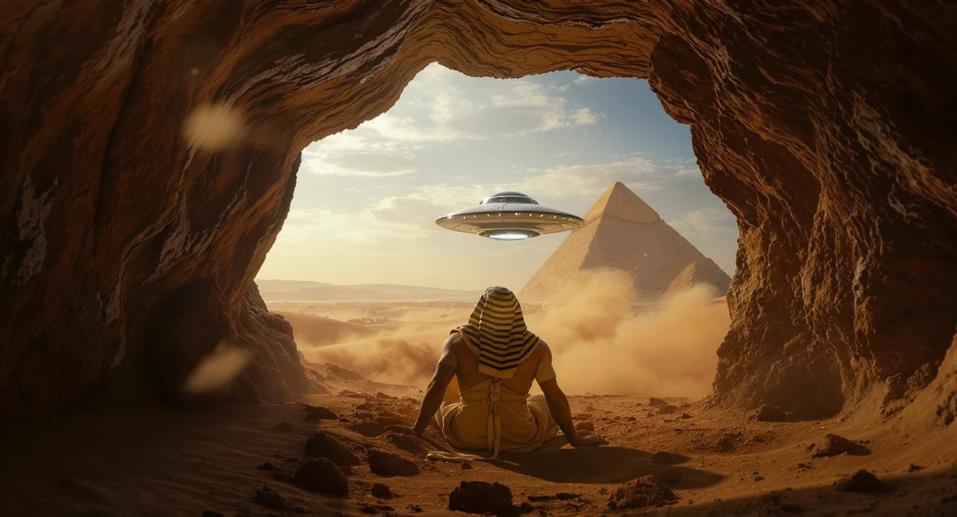cinematic still, documentary photography, acient egypt, back shot of a man dress in ancient clothes in cave (frame in frame effect) on ground laying front of small ufo starship, sand flying around, dynamic scane, leading lines, captured by arri alexa, depth layers, piramids in babckground emoji