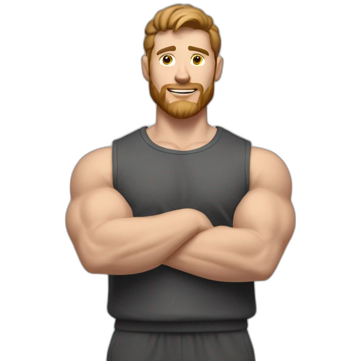Close up Actively gesturing  with hands Pale skinned Fit Man With the biceps and brown hair in dark gray Sleeveless Mike, black oversize sports shorts, watch and white Sneakers emoji