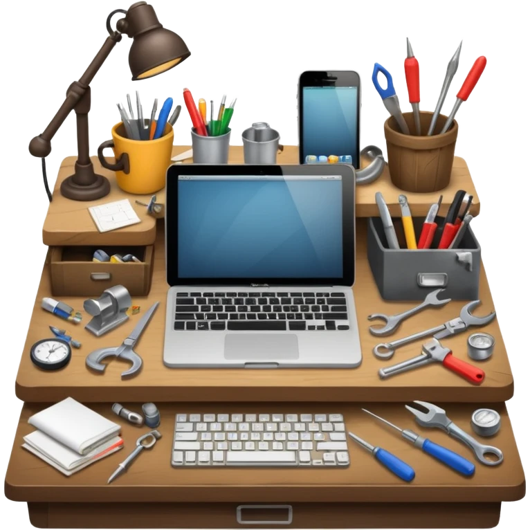 雜亂的工程師桌面，背景透明 emoji