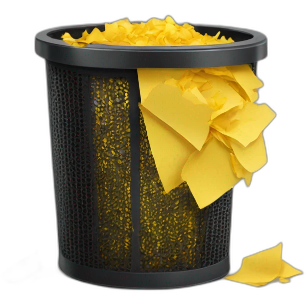 black mesh metal dustbin filled with yellow crumbled papers emoji