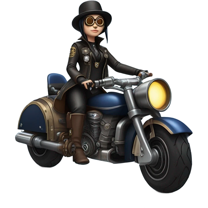 Bounty hunter Wednesday Addams Jedi wearing a pair of navy-blue rimmed steampunk goggles, hat, leather chaps, fringe jacket riding a relaxed sci-fi 3 wheeled steampunk electric motorcycle with large fenders and saddlebags in desert town  emoji