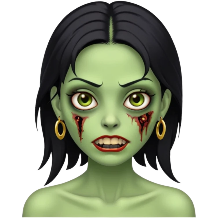 Faça uma zombie mulher bonita verde com olhos castanhos cabelos pretos liso com estilo y2k e com dentes de ouro emoji
