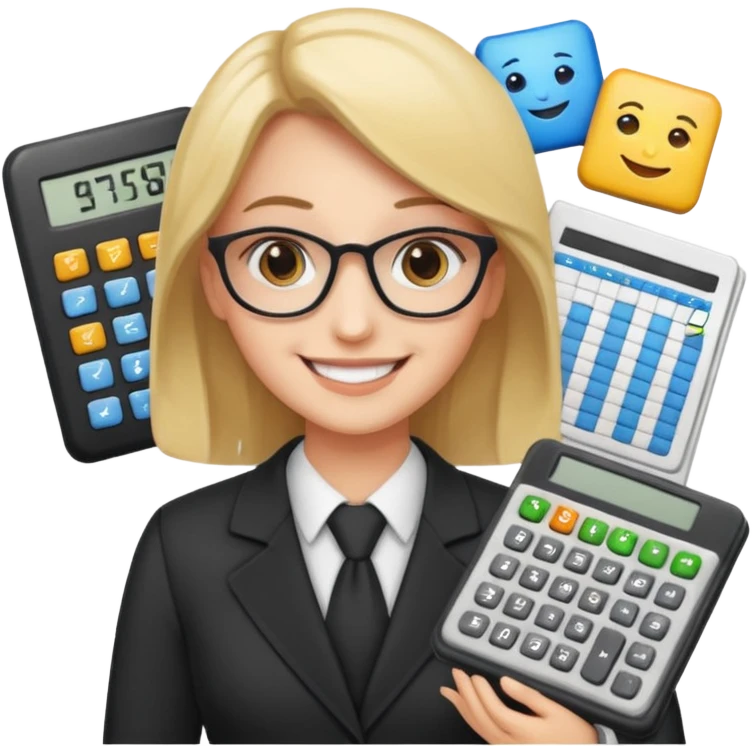 aUDITOR smiling with spreadsheet and a calculator, emoji, ADD A puzzle and a Balance for accounting emoji