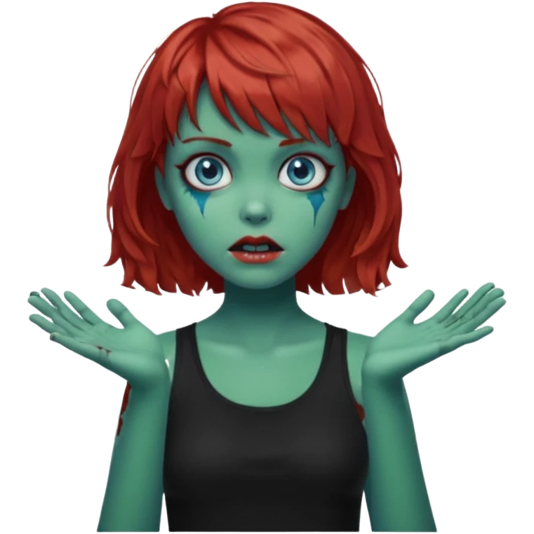 Zombie girl emoji with short red hair and bangs. Blue eyes, green skin, and a black top Her hair is slightly wavy and she has her hands outstretched in front of her.  emoji