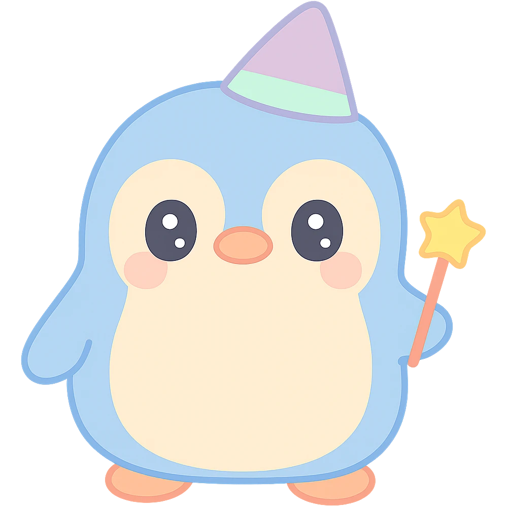 {
  "style_description": {
    "overall_look": "Cute, minimal, and soft with a friendly and playful tone",
    "material_simulation": {
      "primary_material": "flat digital color",
      "texture_detail": "smooth surfaces with no texture or shading",
      "pattern": "none or very simple decorative accents (e.g., hearts, stars)"
    },
    "geometry": {
      "edge_style": "rounded, soft curves with no sharp angles",
      "dimensionality": "flat two-dimensional appearance with simple shapes"
    },
    "color_palette": {
      "scheme": "pastel and light tones",
      "preferred_colors": ["pink", "mint", "lavender", "baby blue", "peach"],
      "contrast": "low contrast with bright accents"
    },
    "facial_features": {
      "eyes": "large, sparkly, often oval or circular",
      "mouth": "small, often a simple curve or dot",
      "expression": "joyful, innocent, or calm"
    },
    "lighting": {
      "type": "none or implied with soft highlights",
      "purpose": "maintain a clean and cheerful look"
    },
    "render_constraints": {
      "avoid": ["realistic shading", "high detail", "dark themes", "texture noise"],
      "focus_on": ["cute expression", "iconic simplicity", "emotional warmth"]
    },
    "background": {
      "color": "white or soft pastel",
      "style": "plain or patterned with simple icons (e.g., polka dots, stars)",
      "lighting_consistency": "no shadows, evenly lit feel"
    }
  }
}

{subject} = penguin wizard emoji