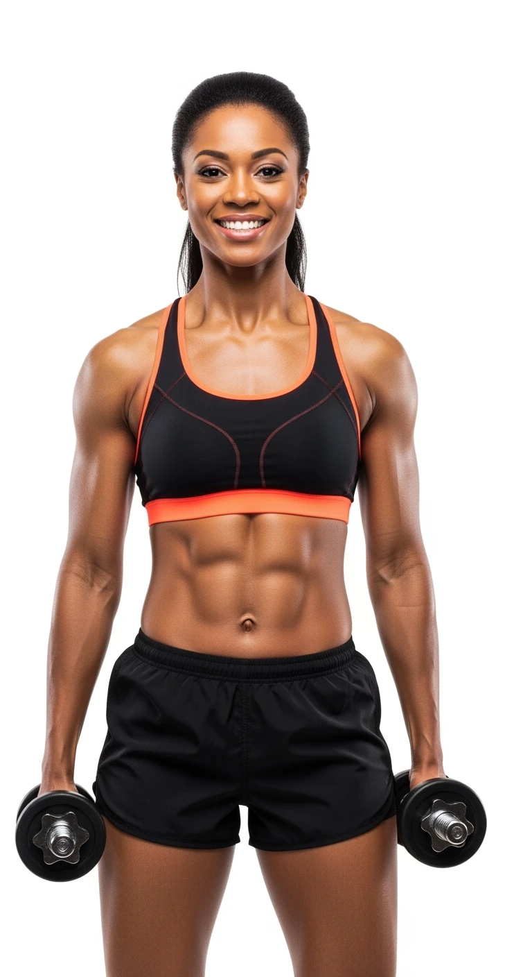 donna fitness in forma con manubri da palestra in mano, isolata su sfondo bianco emoji