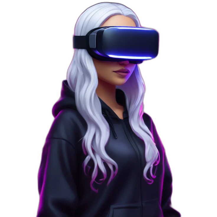 Daenerys Targaryen wearing a black hoodie with "OMG" letters on it and VR headset in a cyberpunk VR environment with violet neon lighting. emoji