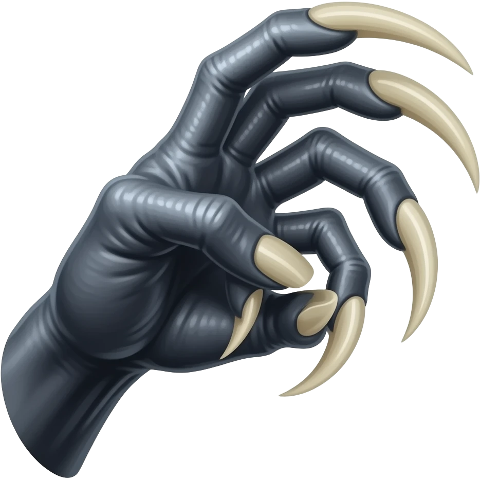 Long Demonic dark silver hand with medium-long sharp dark ivory color claws raking towards the right violently. Shift the perspective to a side profile to show the curvature and length of the claws more clearly. emoji