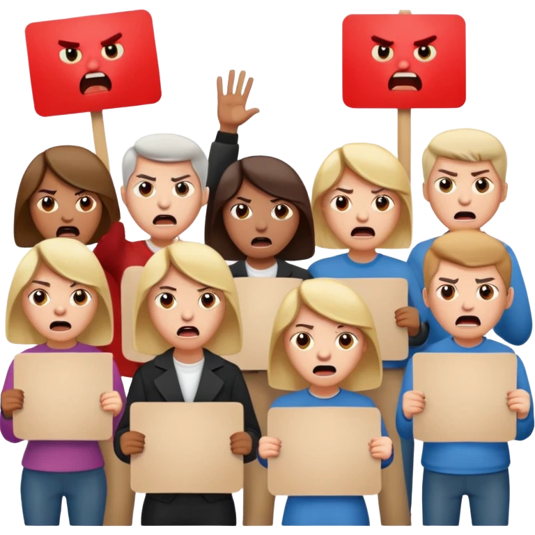 a crowd of people with angry faces and holding placards that read: we disagree emoji