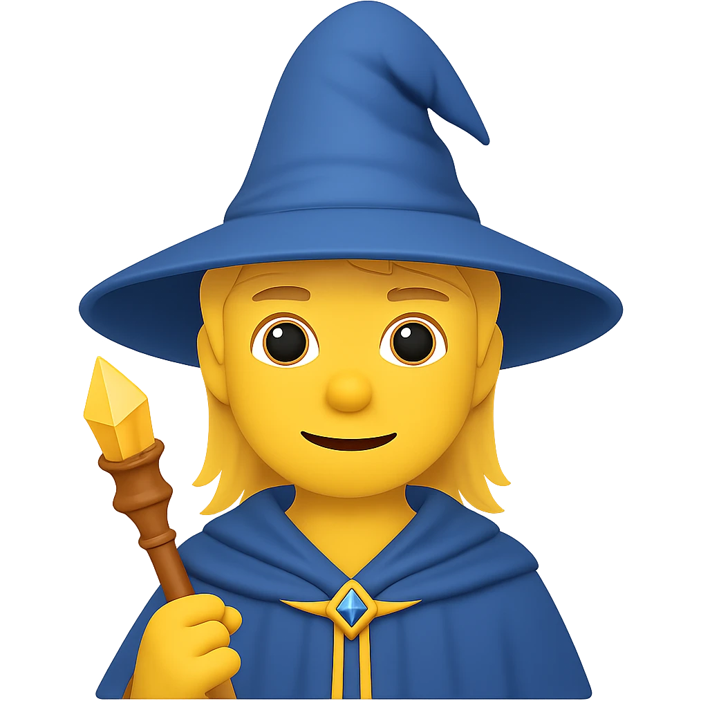 Create an image of a young wizard with yellow skin in the style of apple emojis, no background. emoji