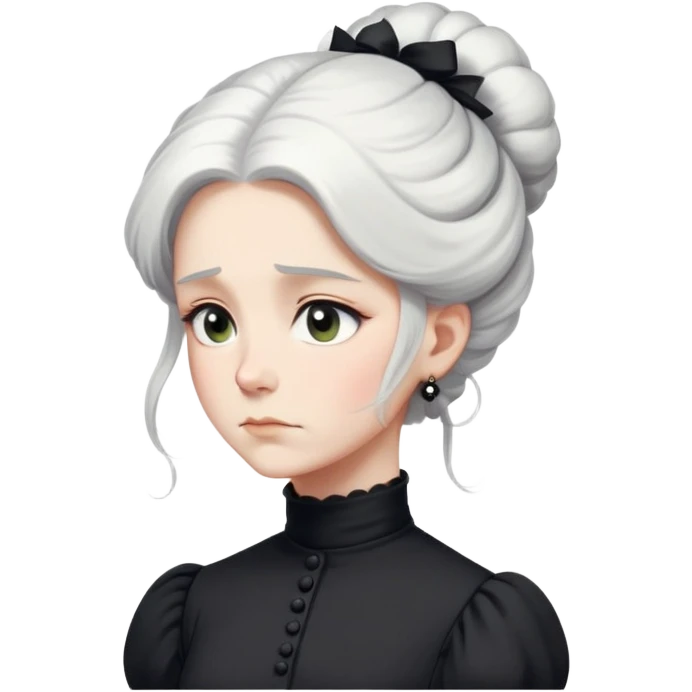 A Victorian woman with simple yet elegant coiffed white hair and light eyes wearing a modest unadorned monochrome black turtleneck mourning dress with puff sleeves looking down with a forlorn expression emoji