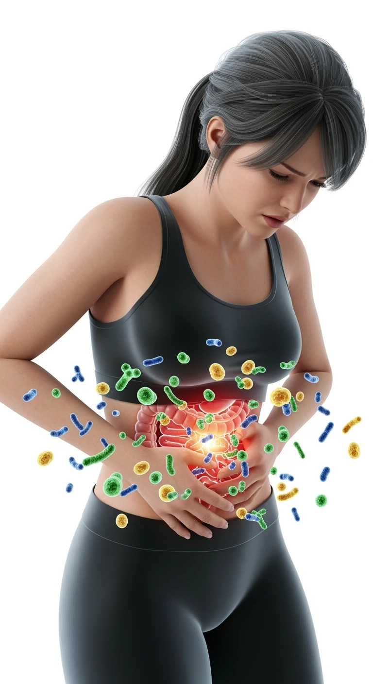 DONNA CON MAL DI PANCIA E INTESTINO UMANO ANATOMICO VISIBILE, BATTERI INTESTINALI FLUTTUANO INTORNO, IPERREALISTICO 4K, SFONDO BIANCO emoji