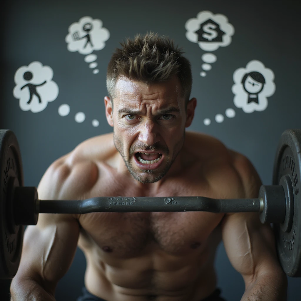 realistic, dramatic; average-fit man in gym, lifting weights, tense and worried face, sweat, eyes with visible anxiety, background with floating thought symbols (work, money, time, relationships), expressive body language, strong sense of mental stress emoji