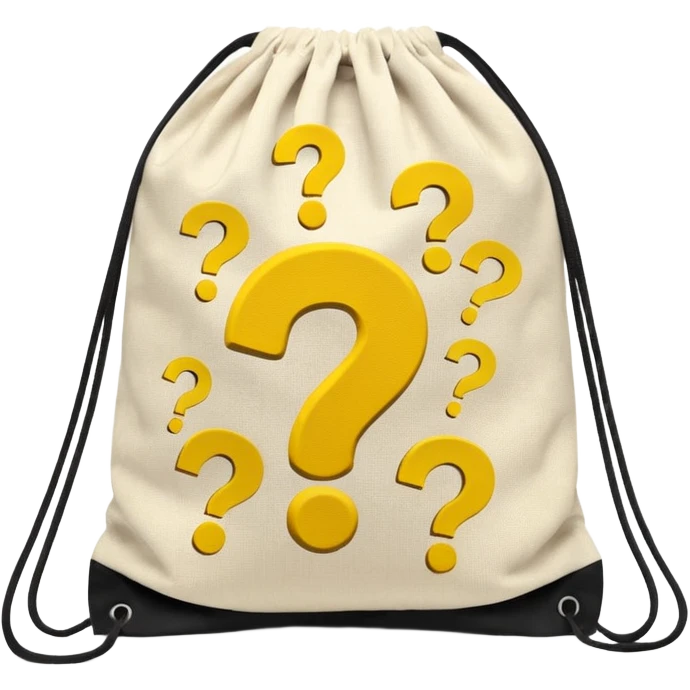 drawstring bag printed with overstuffed with yellow question marks emoji