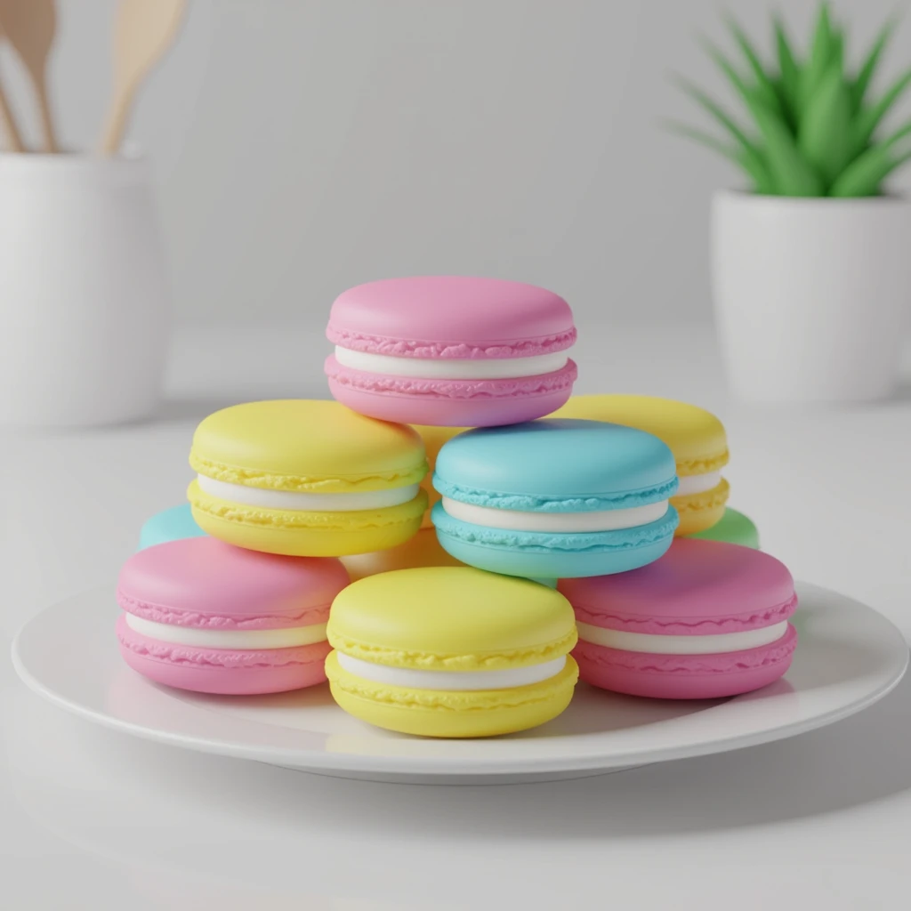 3D model of colorful macarons arranged on a plate, smooth realistic textures, vibrant pastel colors, iOS 18 Hi Dream Fast style, matching reference image emoji
