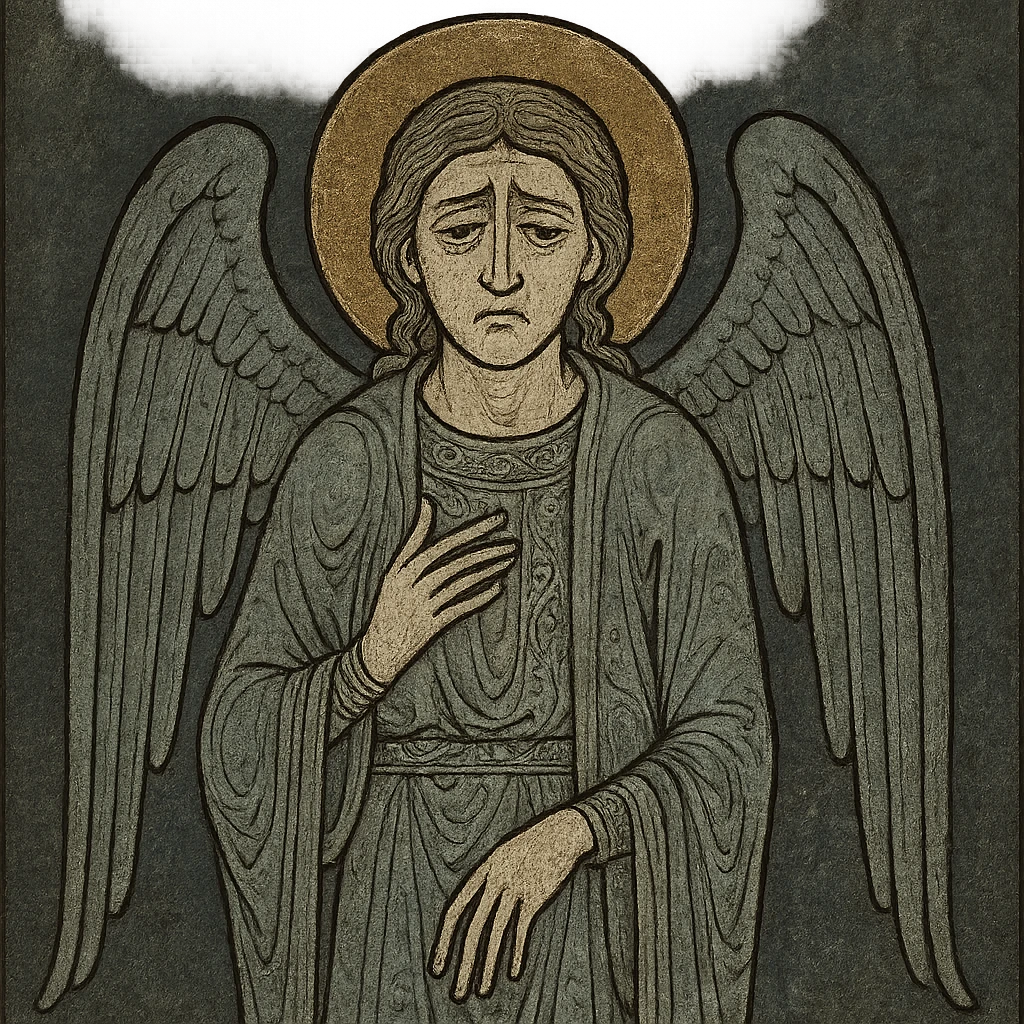 A fallen angel with sorrowful expression, dark and haunting background, inspired by a famous painting emoji