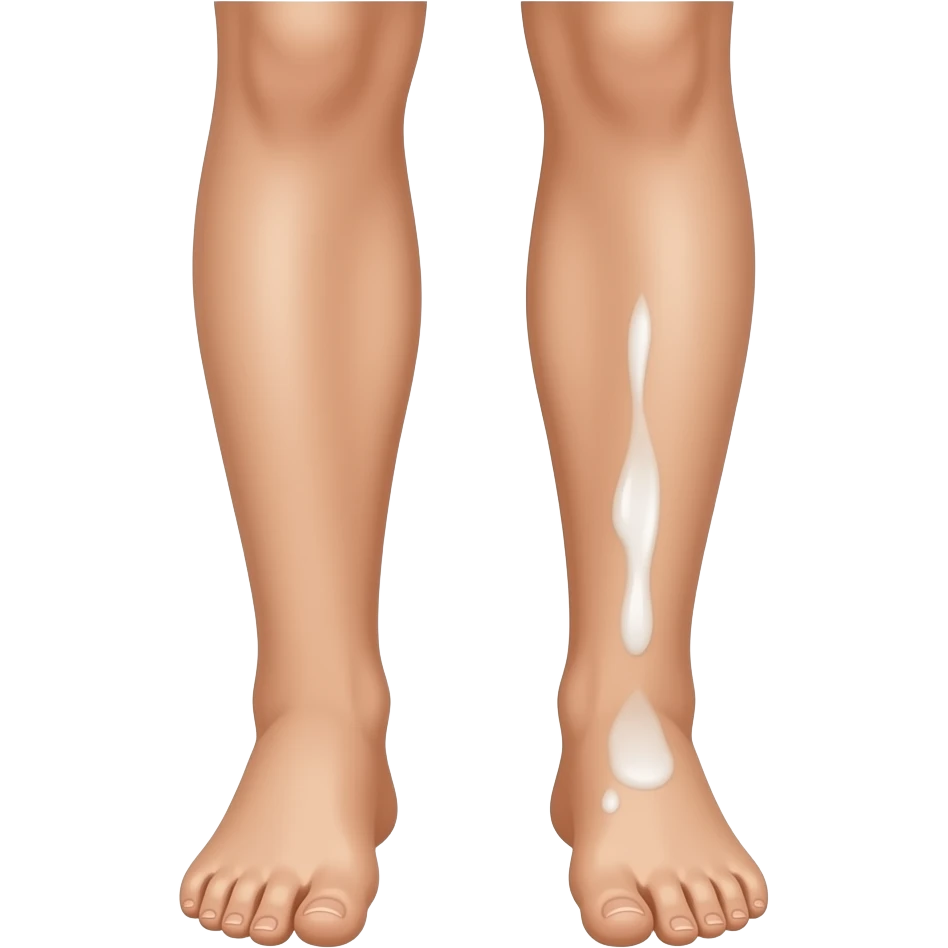 pair of bare legs with a streak of white lotion applied to the front of one shin emoji