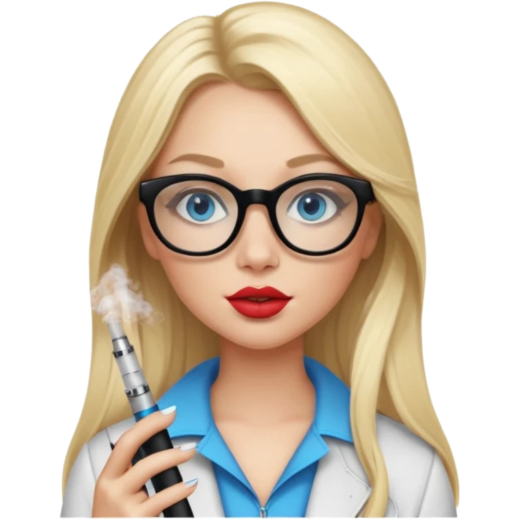 girl with blue eyes, blonde ling hair, black squared glasses, big lips, long eyelashes, and an electronic cigarette in her right hand emoji